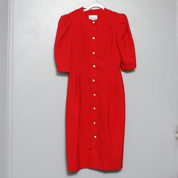 Vintage Robert Daniel polyester rayon blend puff sleeve red midi dress - Picture 1 of 5